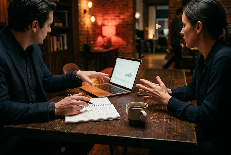 Discuție de consultanță la birou: notițe, laptop și cafea