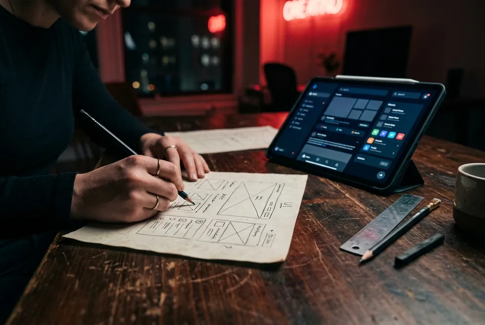 Designer schițând structura unui site web pe hârtie și tabletă