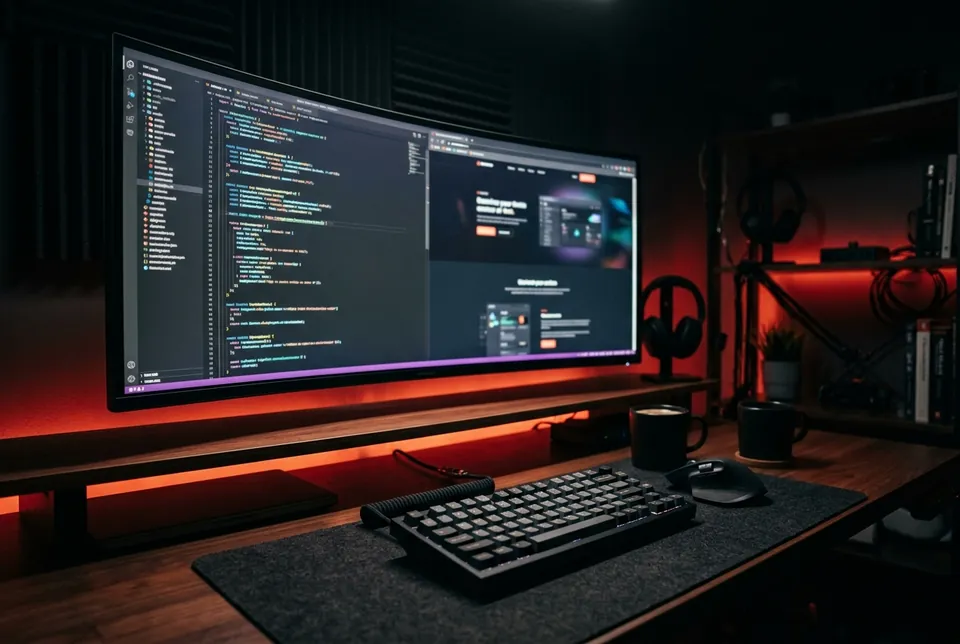Spațiu de lucru al unui developer cu cod și previzualizarea site-ului