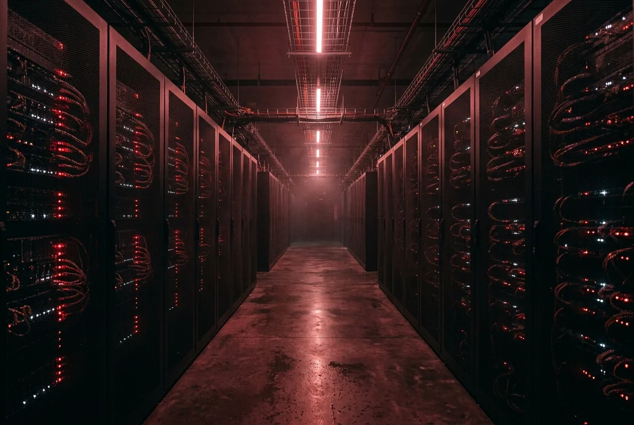 Coridor cu servere într-un data center — infrastructura din spatele site-urilor administrate de HBY